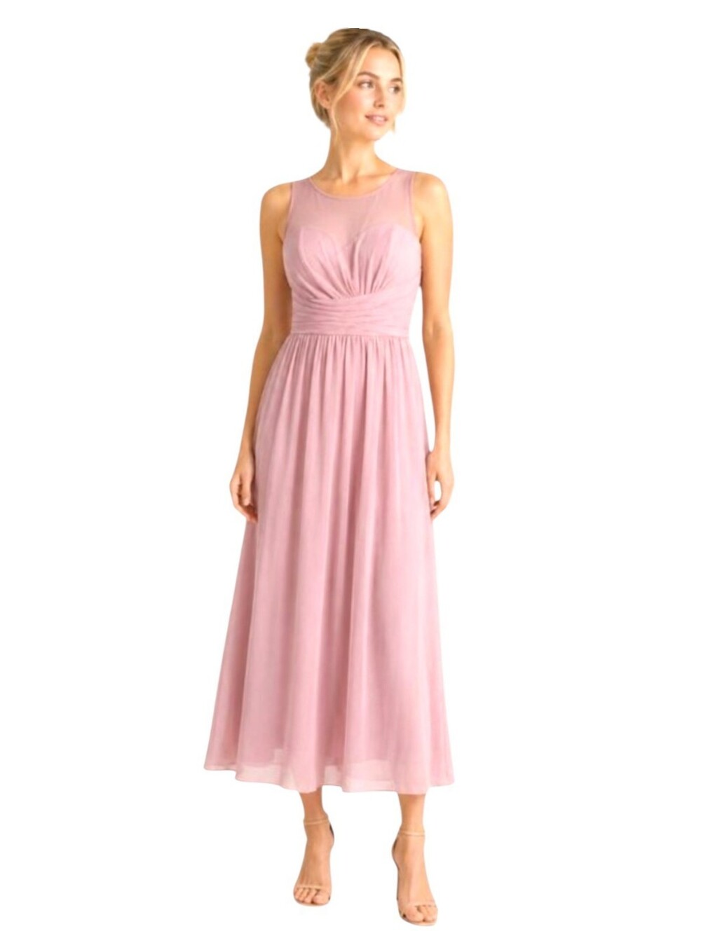 BRIDESIDE Dusty Rose Chiffon Sleeveless Formal Midi Dress Sweetheart Bodice Sz 6